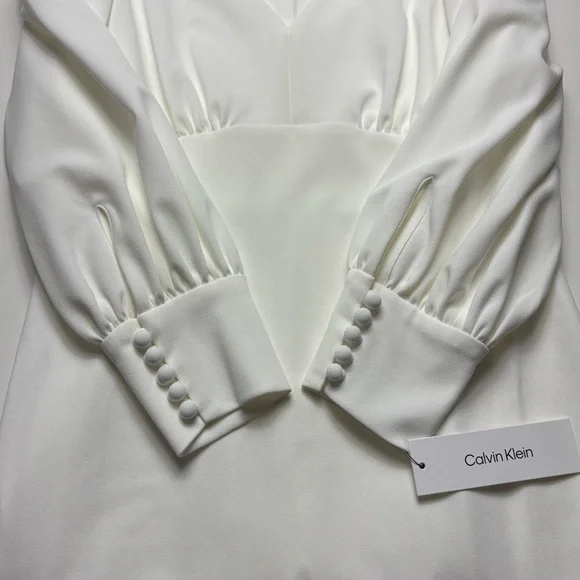 NWT Calvin Klein Bishop Puff Sleeve V-Neck Scuba-Crepe Sheath Dress 10 Ivory - Picture 5 of 14